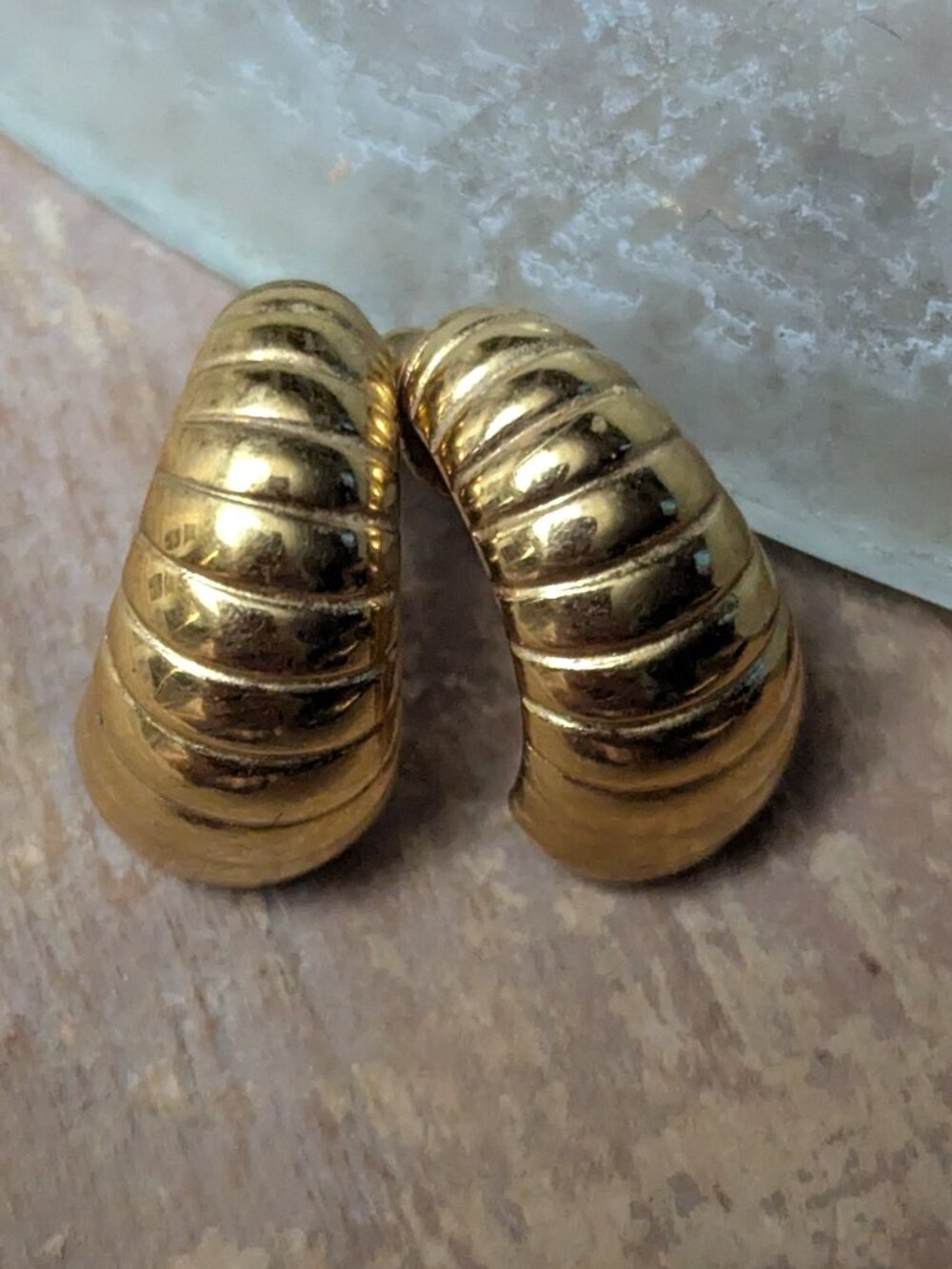 Monet Signed Marked Ridged Goldtone Domed Crescent post Earrings